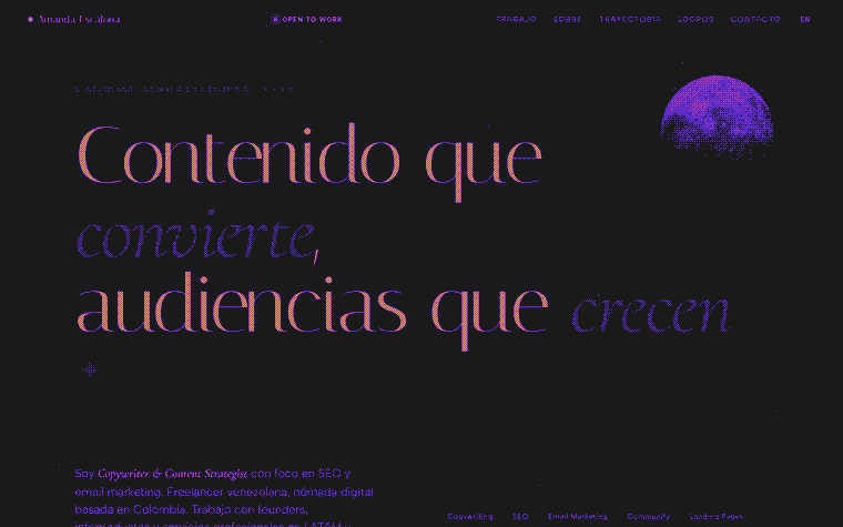 Amanda Escalona: copywriter and content strategist portfolio with dark palette and typographic system.