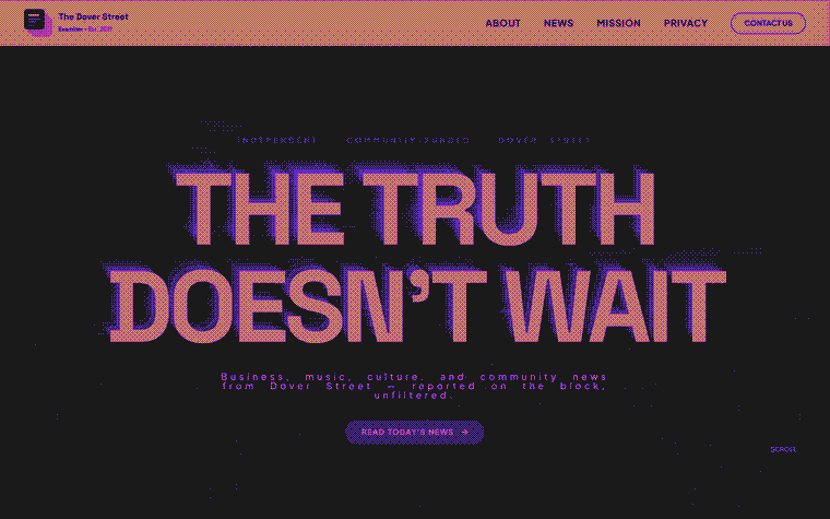 The Dover Street Examiner: heavy grotesque headline with chromatic glitch over a night photograph.